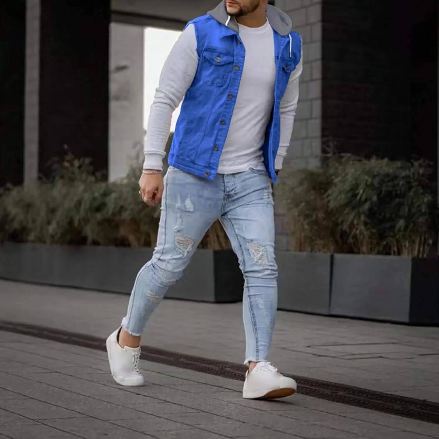 JEKE-DG Men's Fashion Button Down Jean Jacket Hooded Long Sleeve Denim Jackets Slim Fit Trucker Jean Coat