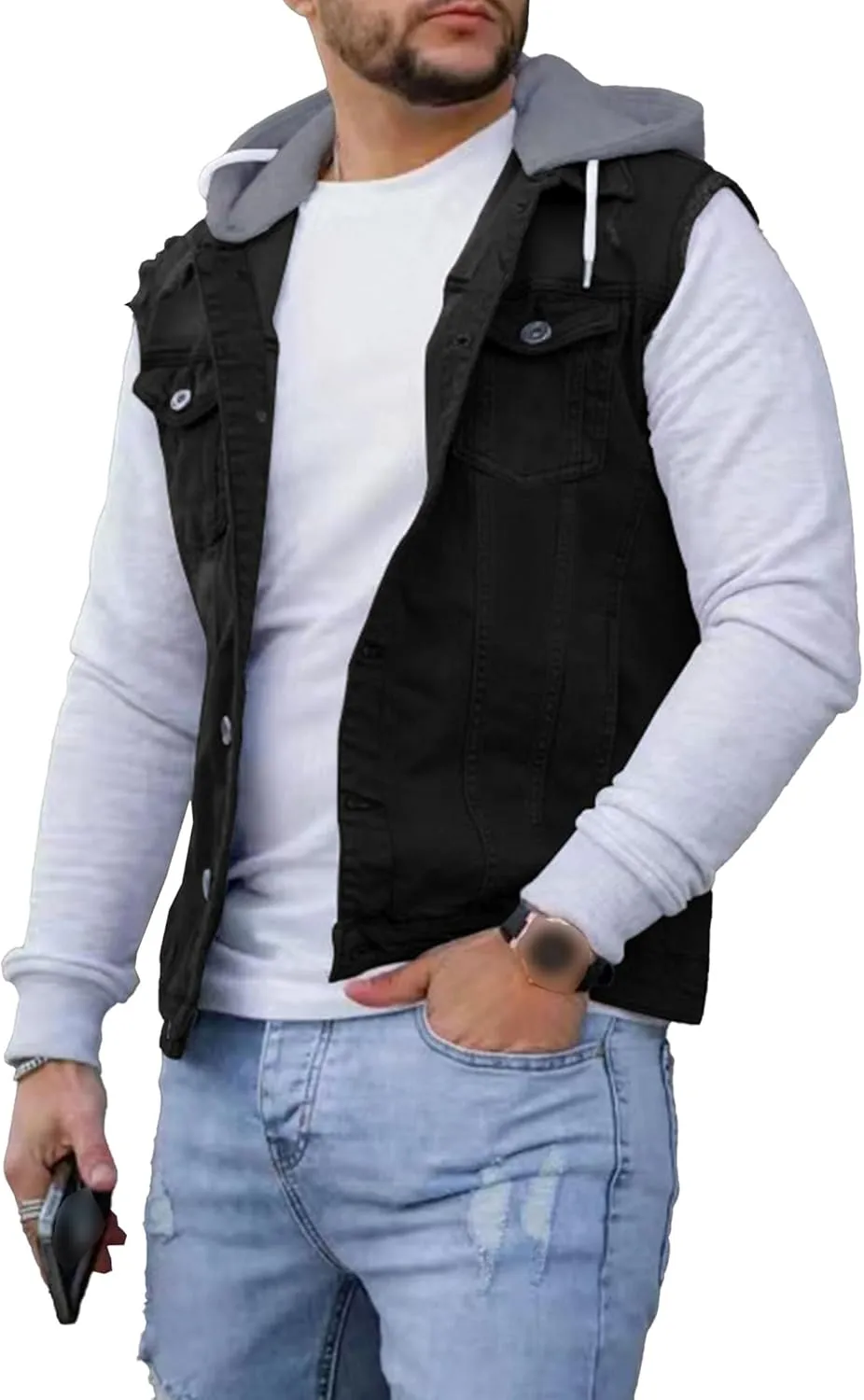 JEKE-DG Men's Fashion Button Down Jean Jacket Hooded Long Sleeve Denim Jackets Slim Fit Trucker Jean Coat