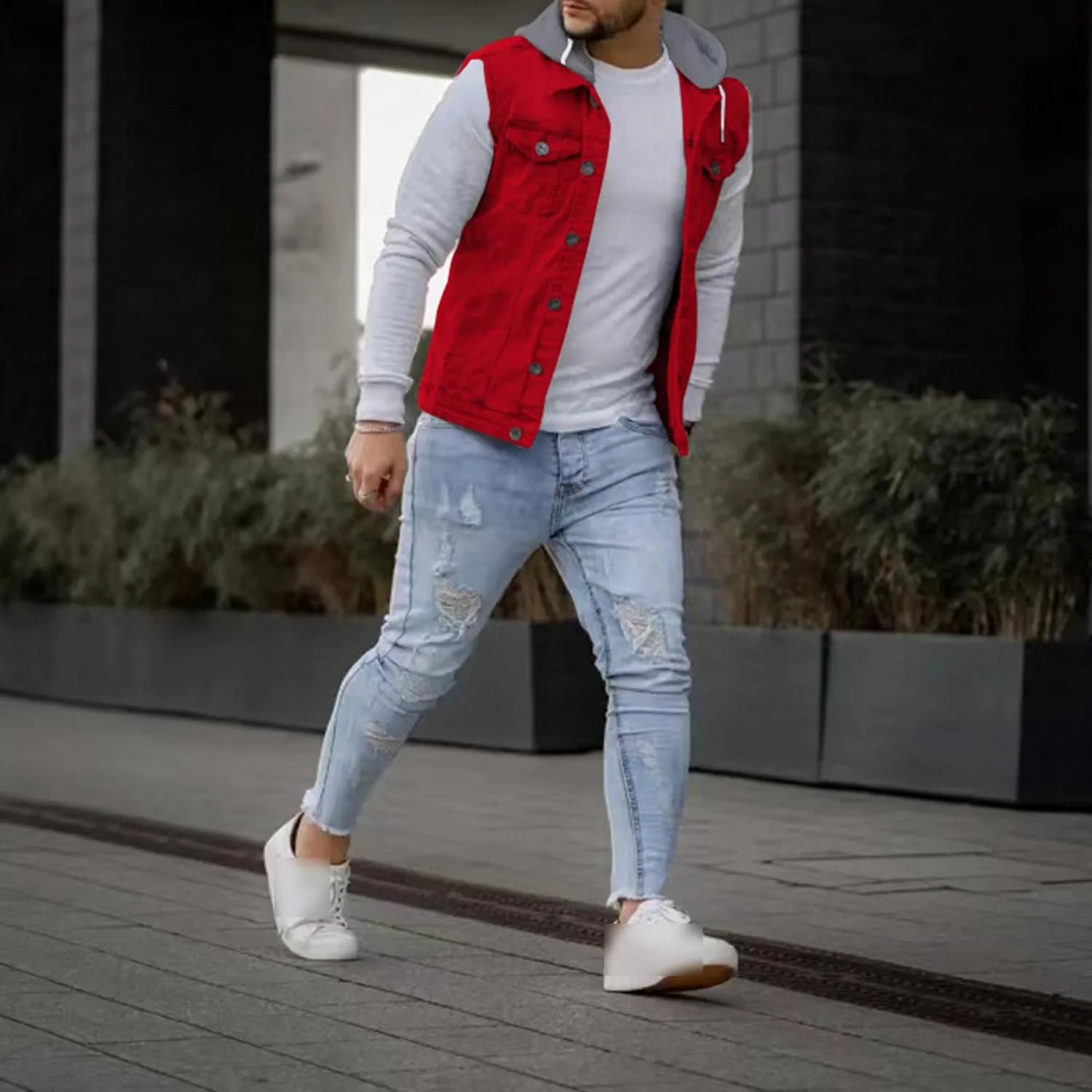 JEKE-DG Men's Fashion Button Down Jean Jacket Hooded Long Sleeve Denim Jackets Slim Fit Trucker Jean Coat