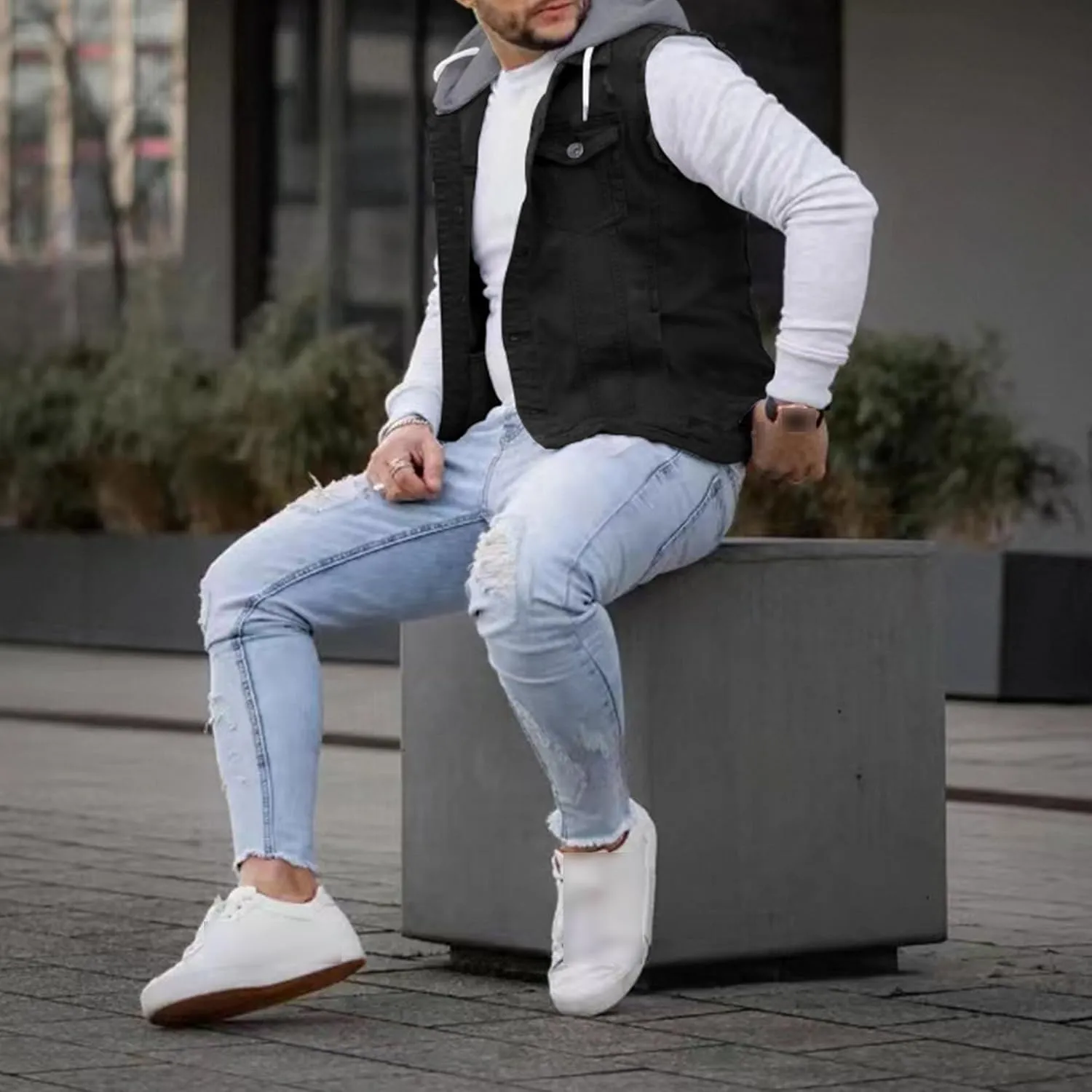 JEKE-DG Men's Fashion Button Down Jean Jacket Hooded Long Sleeve Denim Jackets Slim Fit Trucker Jean Coat