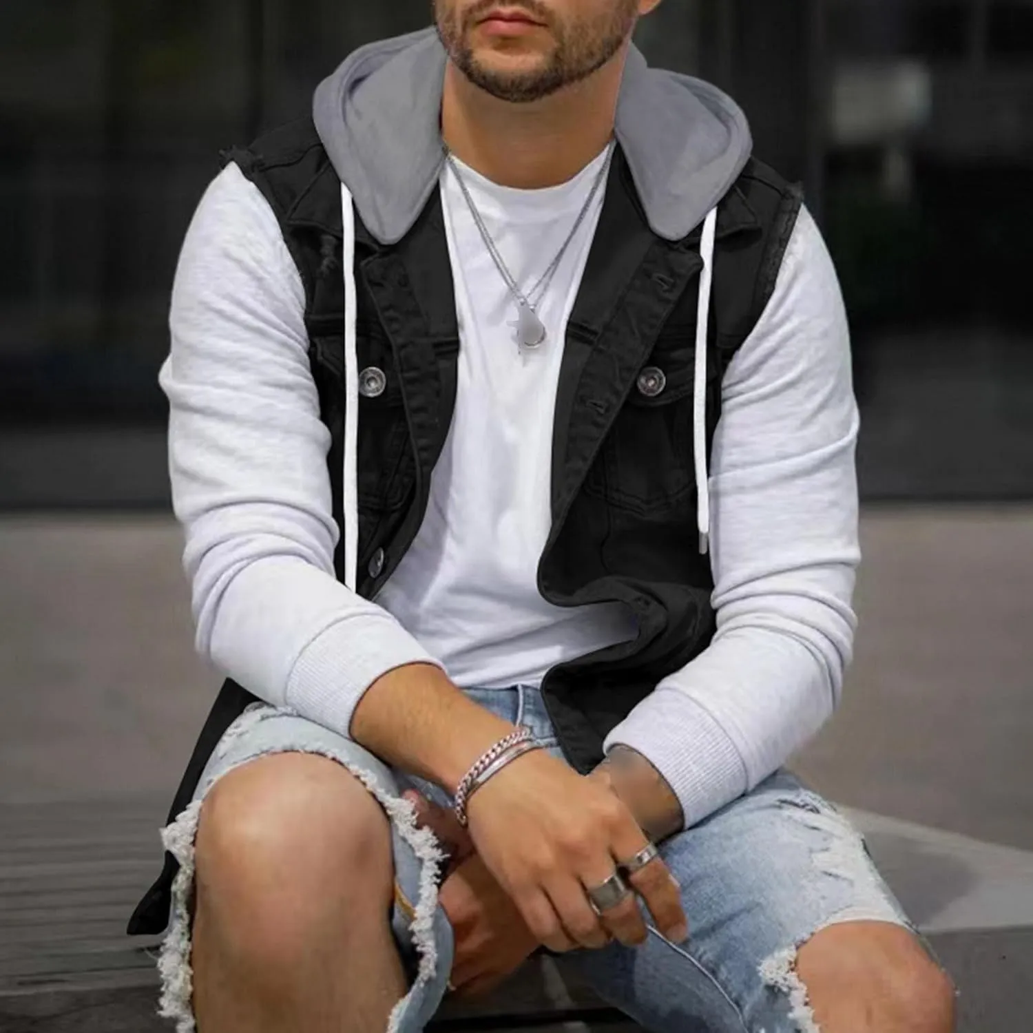 JEKE-DG Men's Fashion Button Down Jean Jacket Hooded Long Sleeve Denim Jackets Slim Fit Trucker Jean Coat