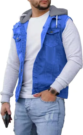 JEKE-DG Men's Fashion Button Down Jean Jacket Hooded Long Sleeve Denim Jackets Slim Fit Trucker Jean Coat