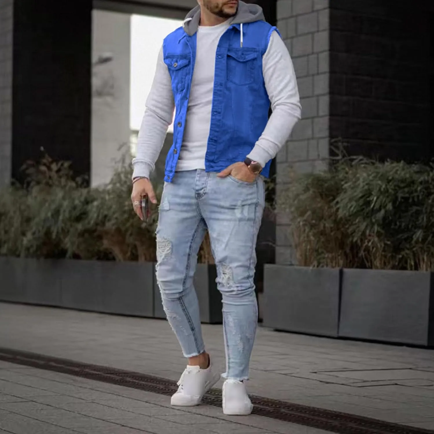 JEKE-DG Men's Fashion Button Down Jean Jacket Hooded Long Sleeve Denim Jackets Slim Fit Trucker Jean Coat