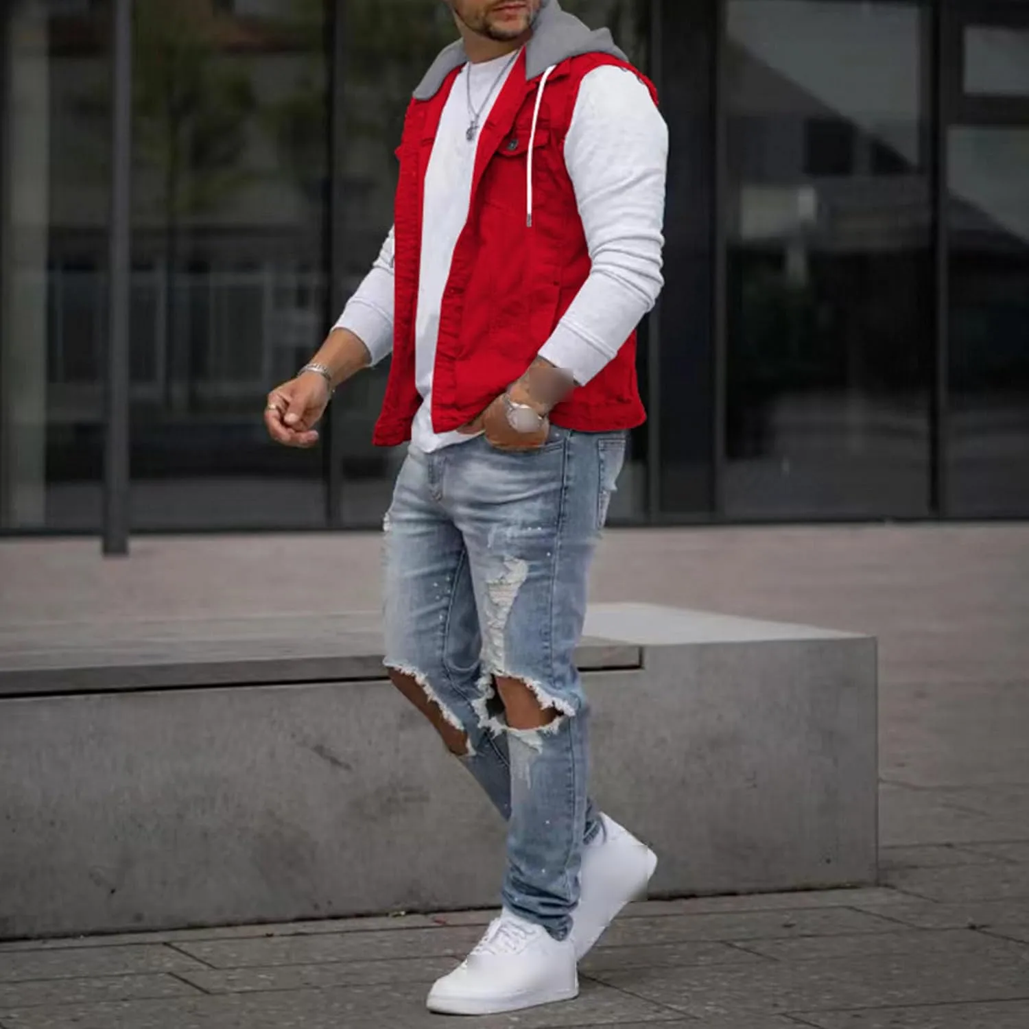 JEKE-DG Men's Fashion Button Down Jean Jacket Hooded Long Sleeve Denim Jackets Slim Fit Trucker Jean Coat