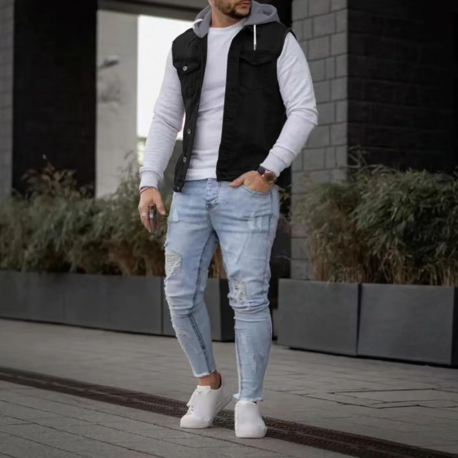 JEKE-DG Men's Fashion Button Down Jean Jacket Hooded Long Sleeve Denim Jackets Slim Fit Trucker Jean Coat