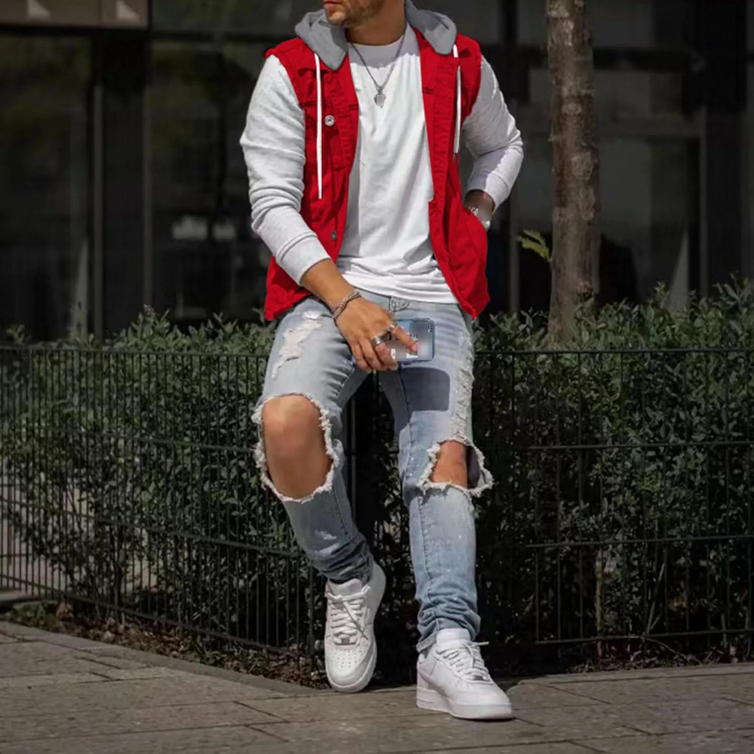 JEKE-DG Men's Fashion Button Down Jean Jacket Hooded Long Sleeve Denim Jackets Slim Fit Trucker Jean Coat