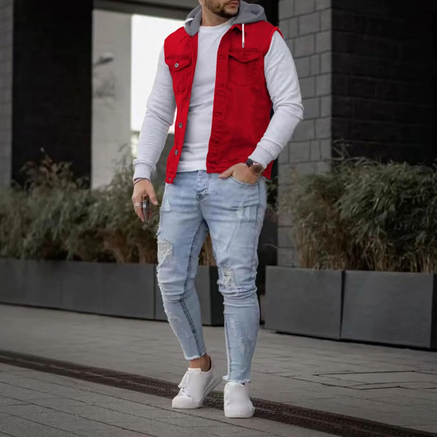 JEKE-DG Men's Fashion Button Down Jean Jacket Hooded Long Sleeve Denim Jackets Slim Fit Trucker Jean Coat