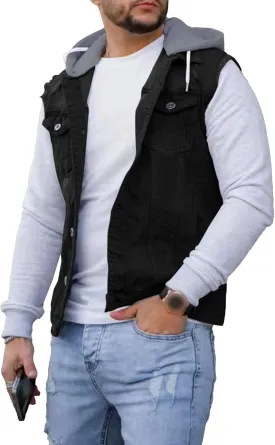 JEKE-DG Men's Fashion Button Down Jean Jacket Hooded Long Sleeve Denim Jackets Slim Fit Trucker Jean Coat