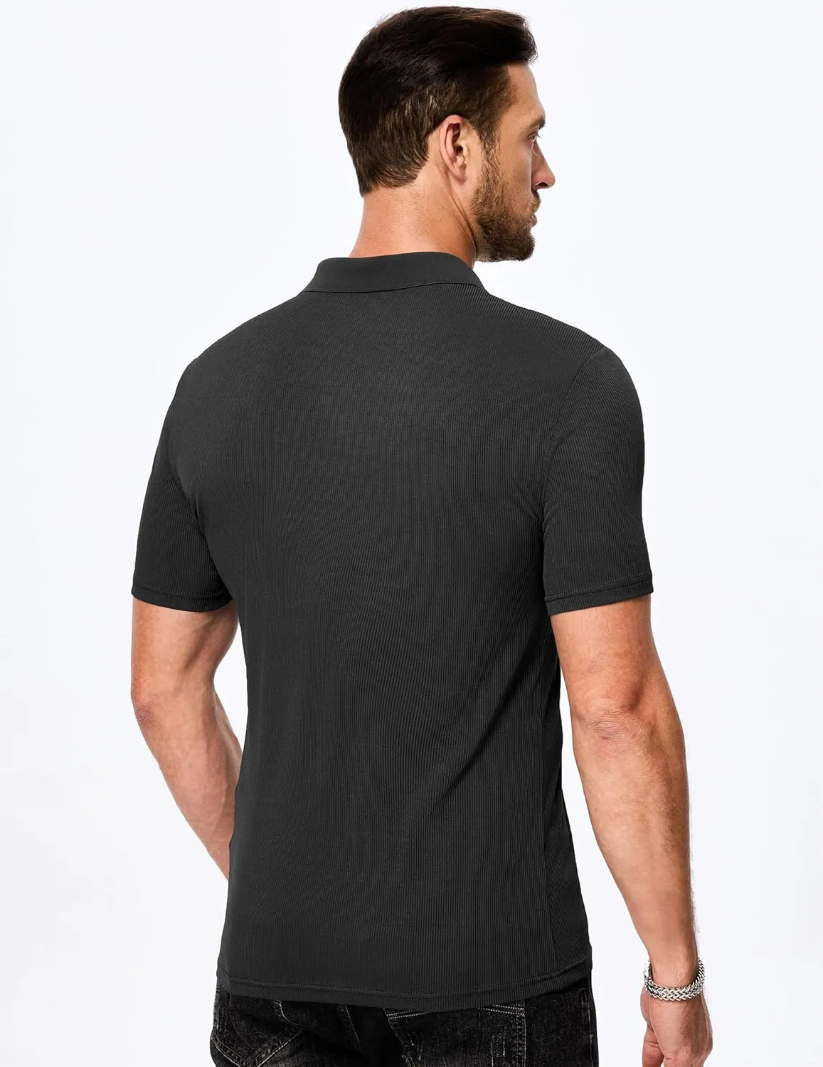 JMIERR Men's Muscle V Neck Polo Shirts Casual Short Sleeve Slim Fit Ribbed Golf T Shirt Athletic Tee
