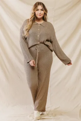 Junior Plus Mocha Knit Button-Up Collared Sweater & Wide Leg Pants Set /1-1-1