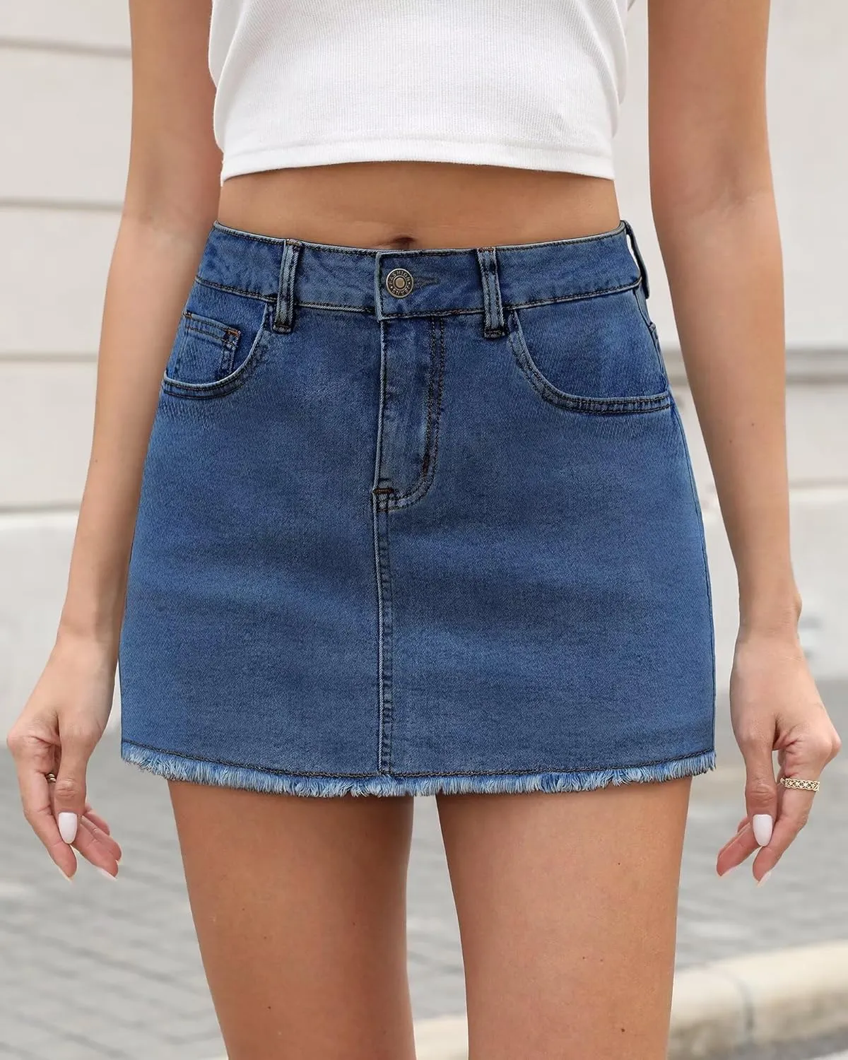 KDF Denim Skort for Women High Waisted Denim Mini Skirt Stretch Women Jean Skirt Shorts with Trendy Frayed Raw Hem