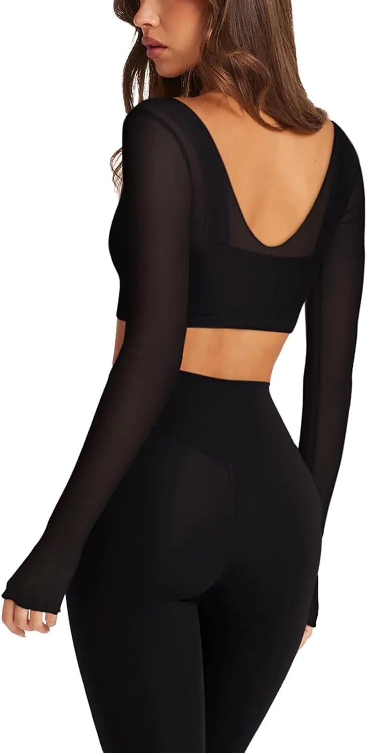 LASLULU Mesh Long Sleeve Crop Tops for Women Double Lined Workout Athletic Gym Shirts Cropped Tops with Built in Bra