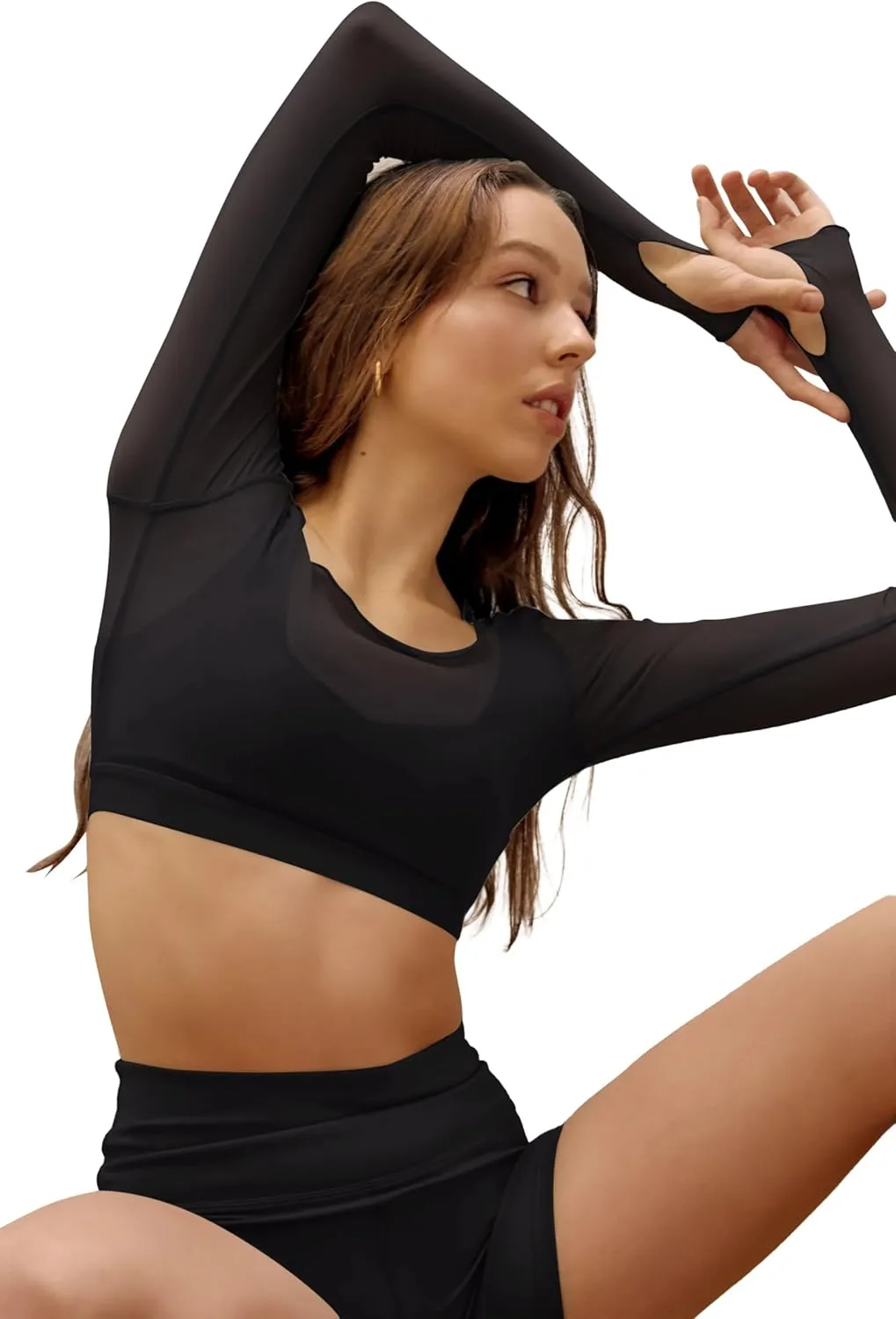 LASLULU Mesh Long Sleeve Crop Tops for Women Double Lined Workout Athletic Gym Shirts Cropped Tops with Built in Bra