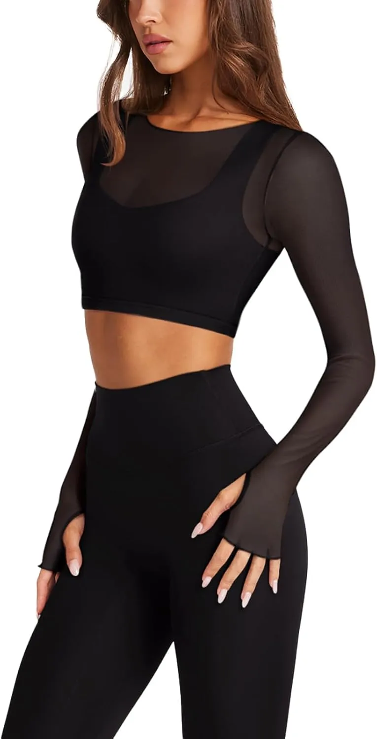 LASLULU Mesh Long Sleeve Crop Tops for Women Double Lined Workout Athletic Gym Shirts Cropped Tops with Built in Bra