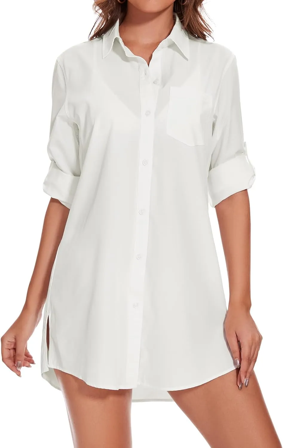 Lightbare Womens UPF 50  Button Down Shirt Dress Collared Long Sleeve Blouse Swimsuit Coverup Boyfriend Shirts Loose Fit
