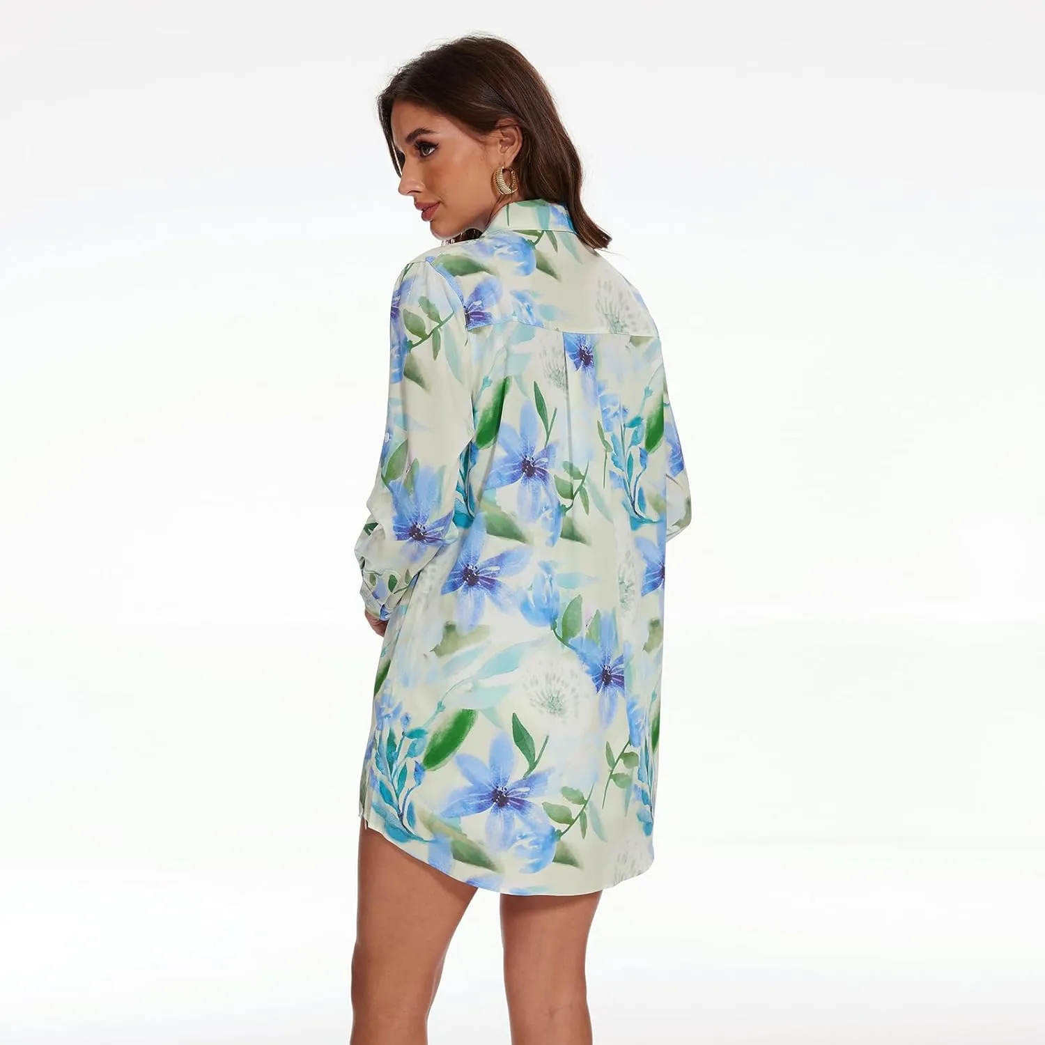 Lightbare Womens UPF 50  Button Down Shirt Dress Collared Long Sleeve Blouse Swimsuit Coverup Boyfriend Shirts Loose Fit