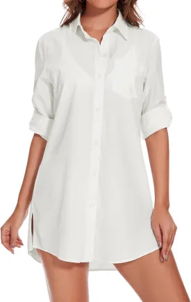 Lightbare Womens UPF 50  Button Down Shirt Dress Collared Long Sleeve Blouse Swimsuit Coverup Boyfriend Shirts Loose Fit