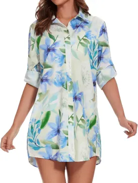 Lightbare Womens UPF 50  Button Down Shirt Dress Collared Long Sleeve Blouse Swimsuit Coverup Boyfriend Shirts Loose Fit