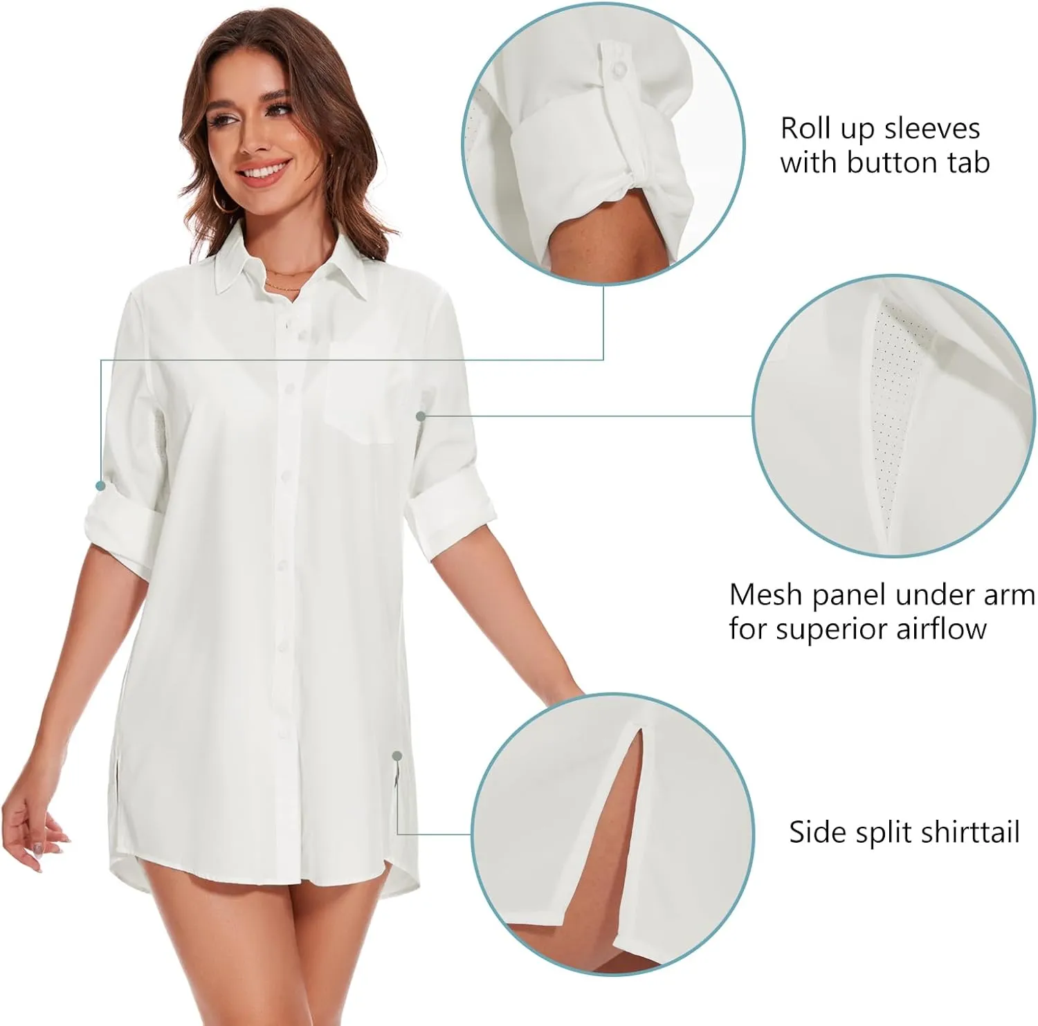 Lightbare Womens UPF 50  Button Down Shirt Dress Collared Long Sleeve Blouse Swimsuit Coverup Boyfriend Shirts Loose Fit
