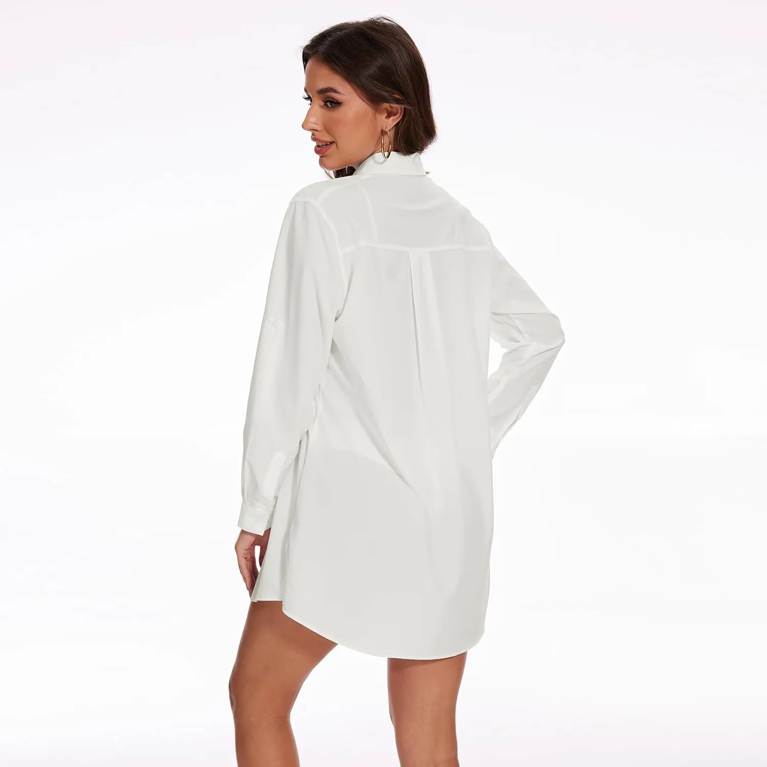 Lightbare Womens UPF 50  Button Down Shirt Dress Collared Long Sleeve Blouse Swimsuit Coverup Boyfriend Shirts Loose Fit