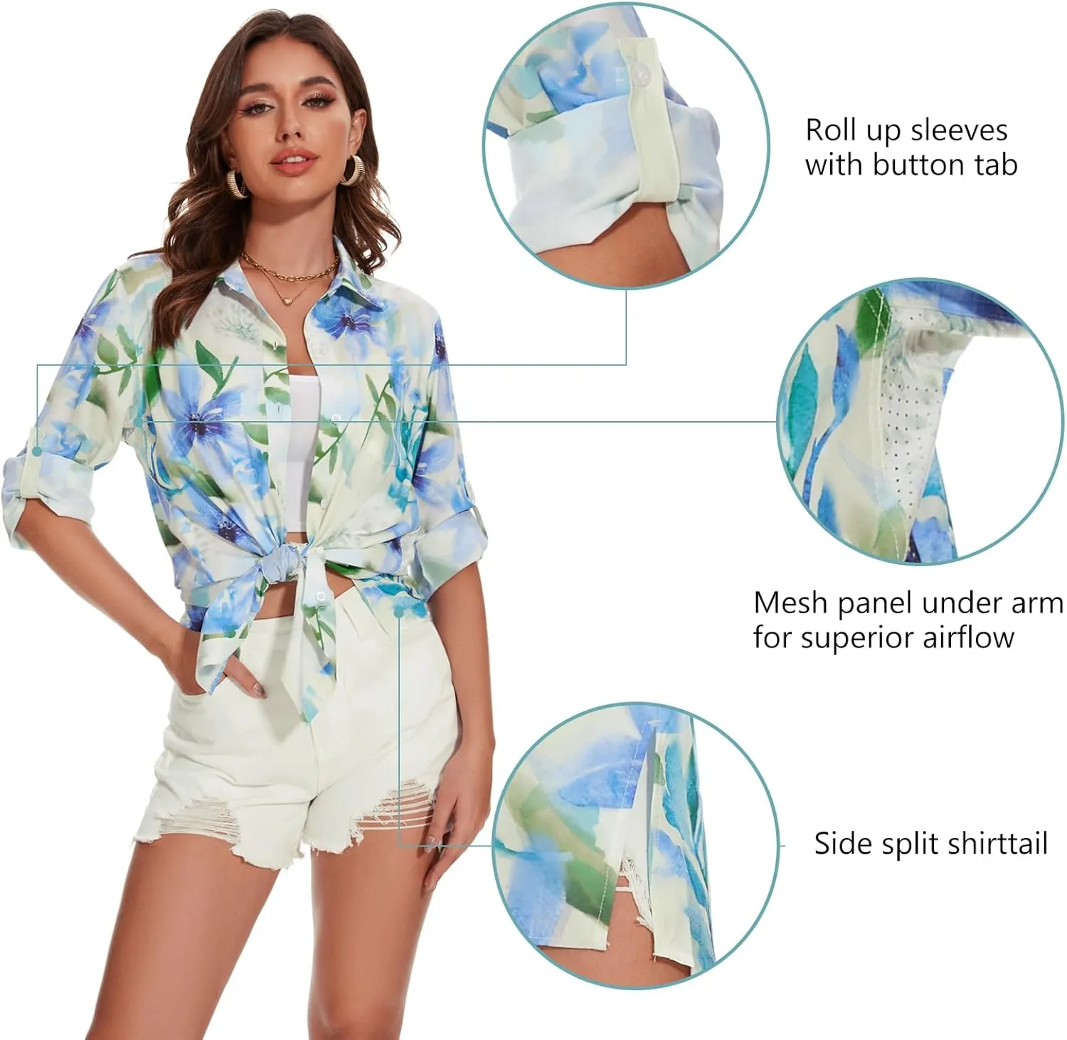 Lightbare Womens UPF 50  Button Down Shirt Dress Collared Long Sleeve Blouse Swimsuit Coverup Boyfriend Shirts Loose Fit
