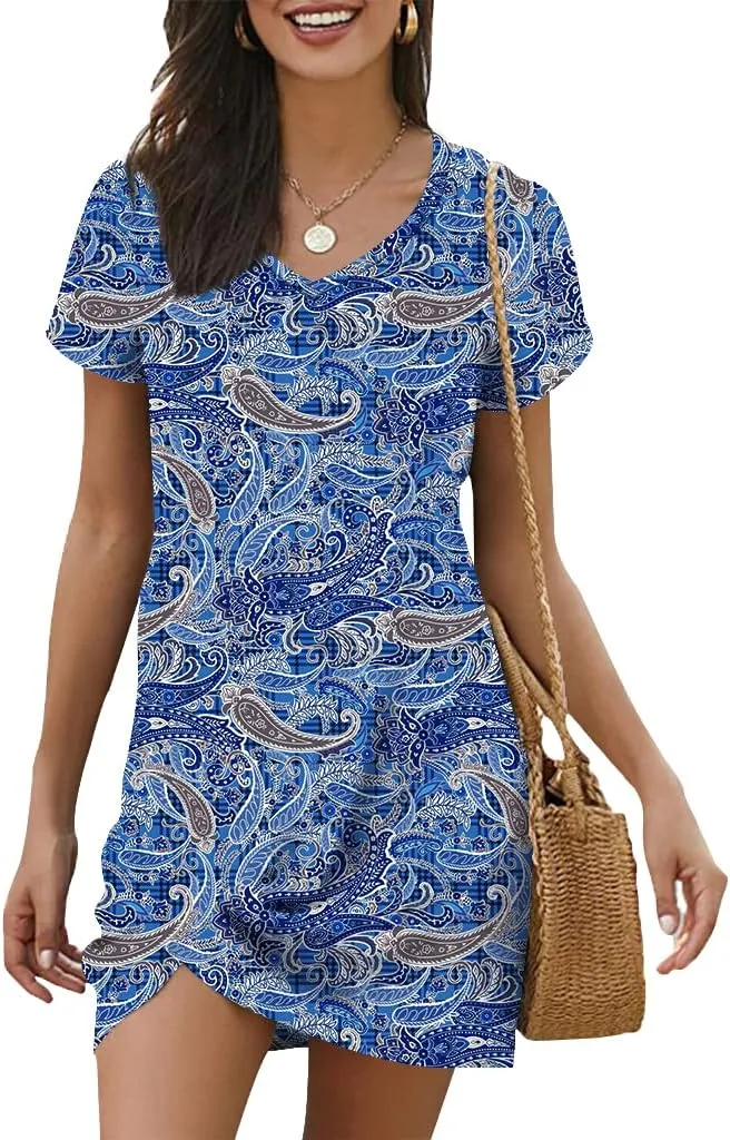 Locryz Women's Summer Twist Knot Tshirt Dresses Casual V Neck Short Sleeve Knot Dress