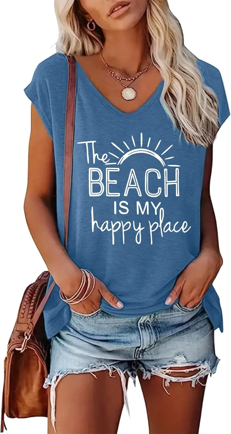 LOOKFACE Women's V-Neck Casual Loose Fit Tees Cap Sleeve Graphic Beach Tops