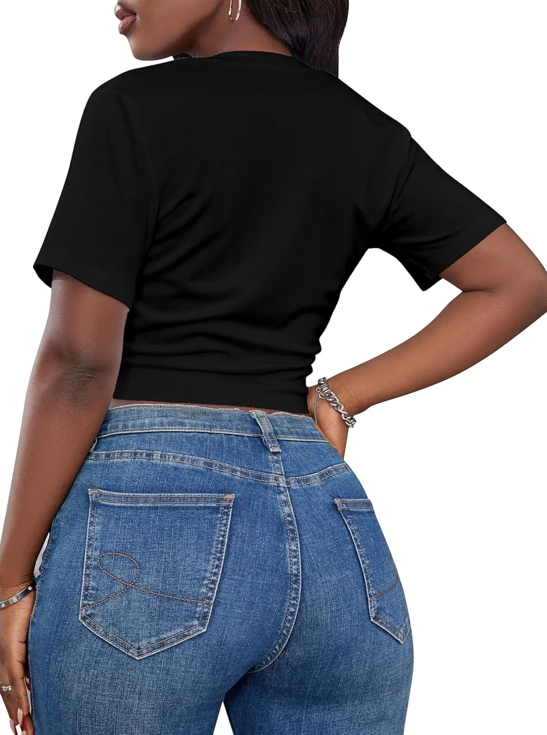LovelyWholesale Graphic Crop Tops for Women Sexy Tie Front Top Summer Short Sleeve V Neck T Shirt