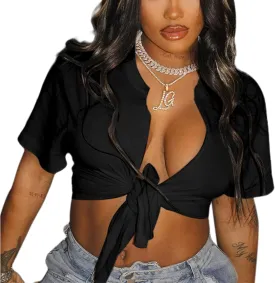 LovelyWholesale Graphic Crop Tops for Women Sexy Tie Front Top Summer Short Sleeve V Neck T Shirt