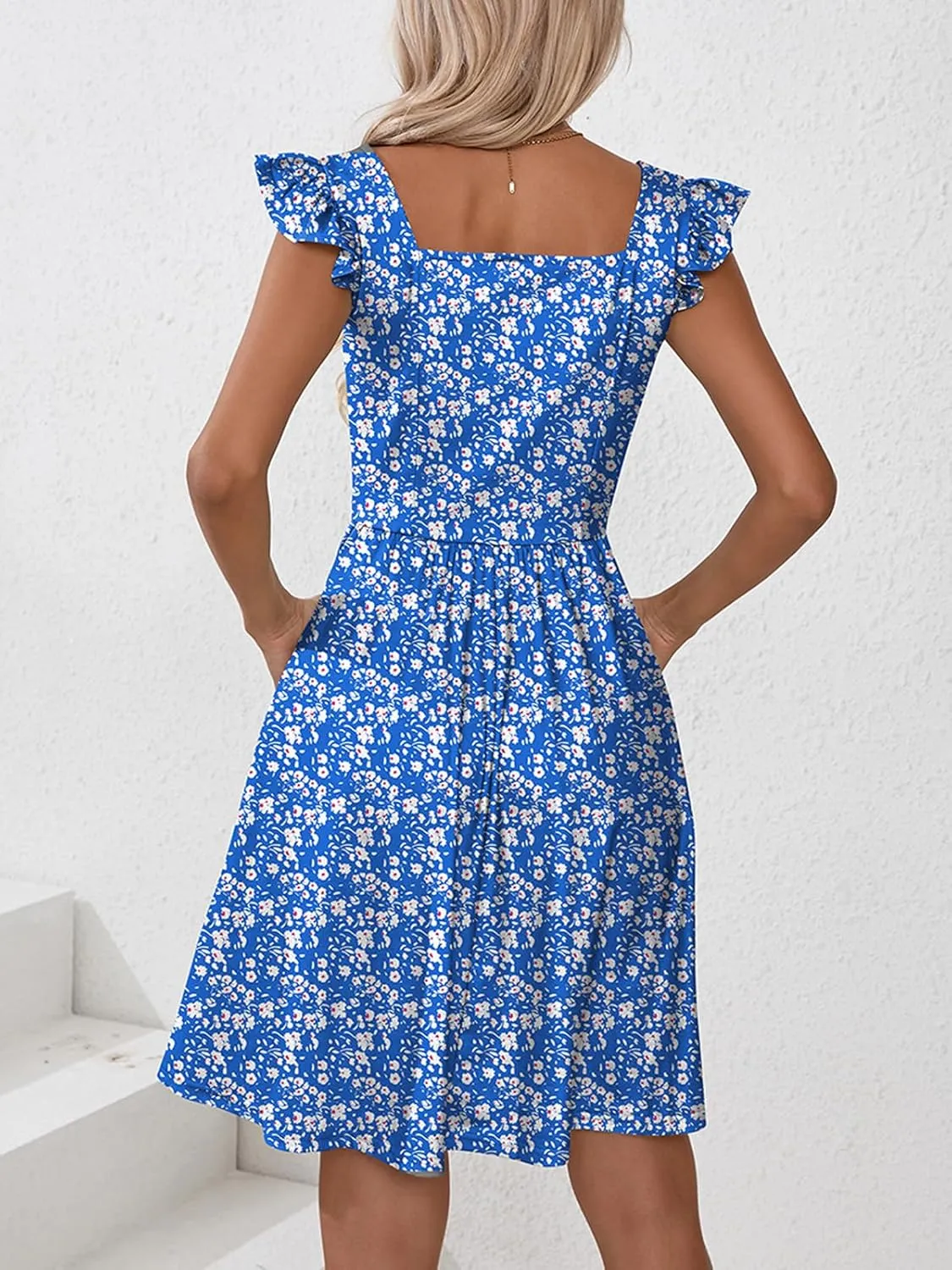 Naggoo Women's Summer Dresses Casual Square Neck Floral Sundress with Pockets A Line Flowy Beach Dress
