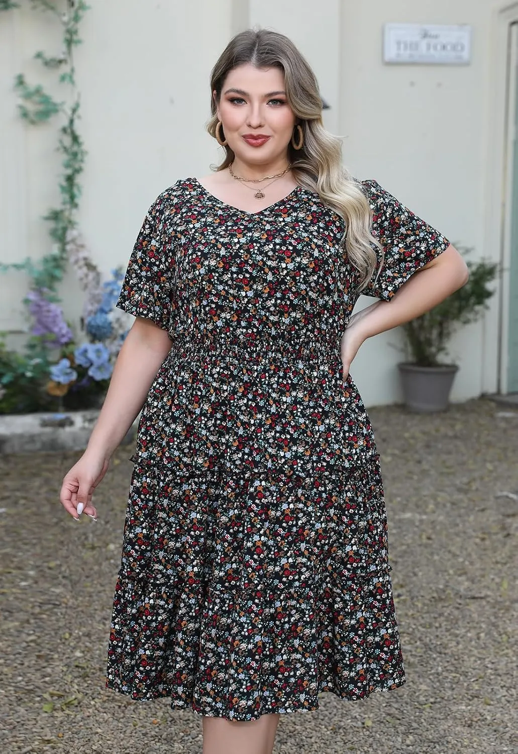 Nemidor Womens Plus Size Summer Midi Dress Casual Tiered Floral Print Beach Swing Boho Dresses with Pocket 16-26