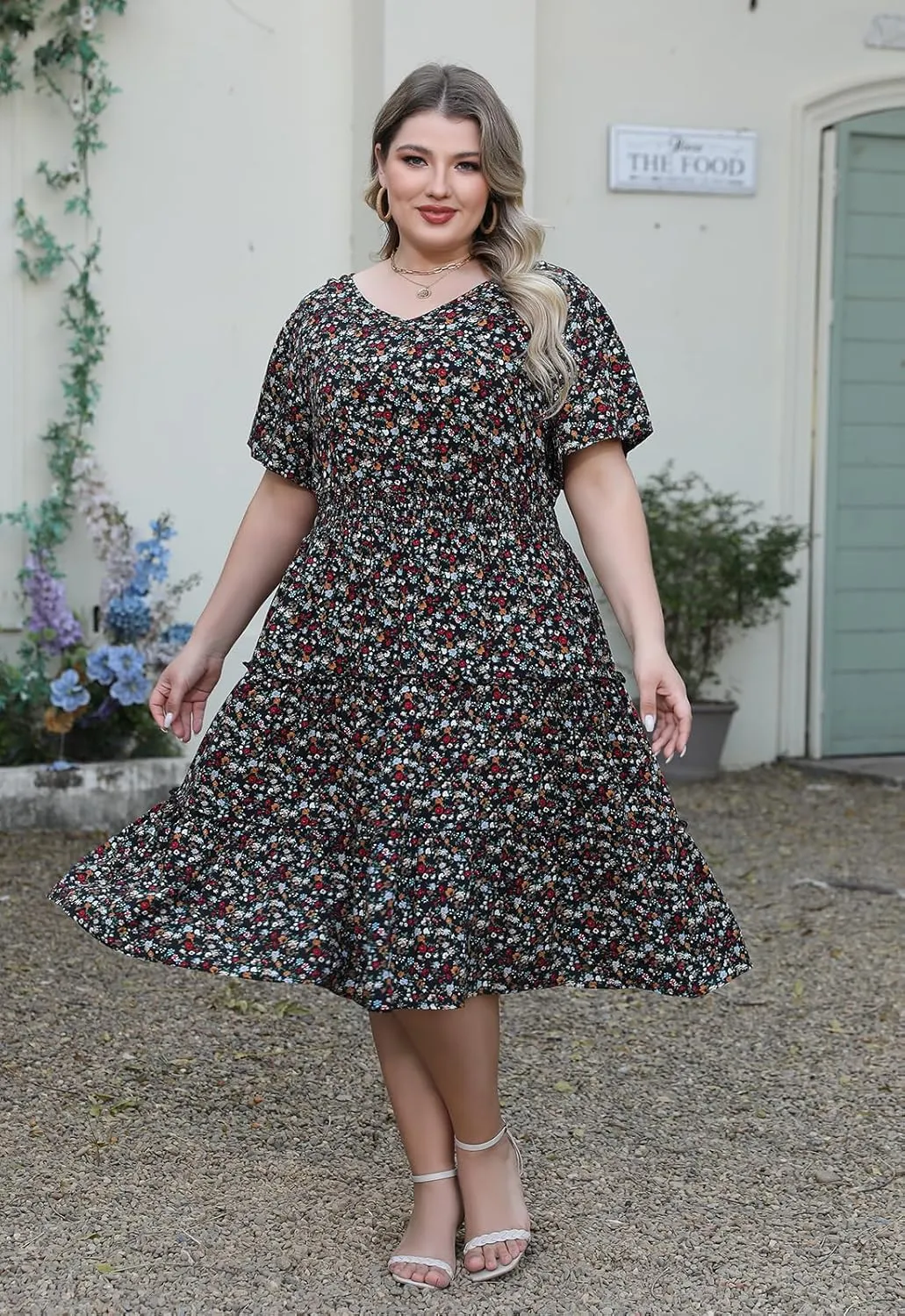 Nemidor Womens Plus Size Summer Midi Dress Casual Tiered Floral Print Beach Swing Boho Dresses with Pocket 16-26