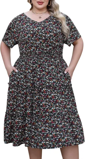 Nemidor Womens Plus Size Summer Midi Dress Casual Tiered Floral Print Beach Swing Boho Dresses with Pocket 16-26