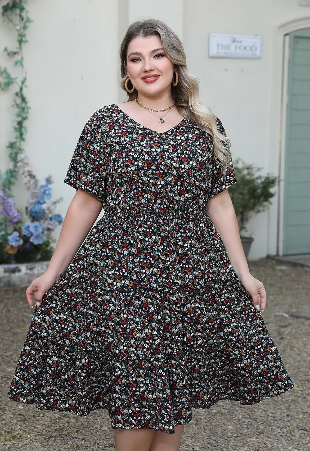 Nemidor Womens Plus Size Summer Midi Dress Casual Tiered Floral Print Beach Swing Boho Dresses with Pocket 16-26