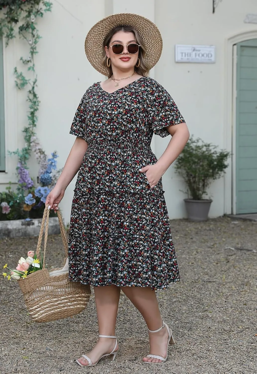 Nemidor Womens Plus Size Summer Midi Dress Casual Tiered Floral Print Beach Swing Boho Dresses with Pocket 16-26