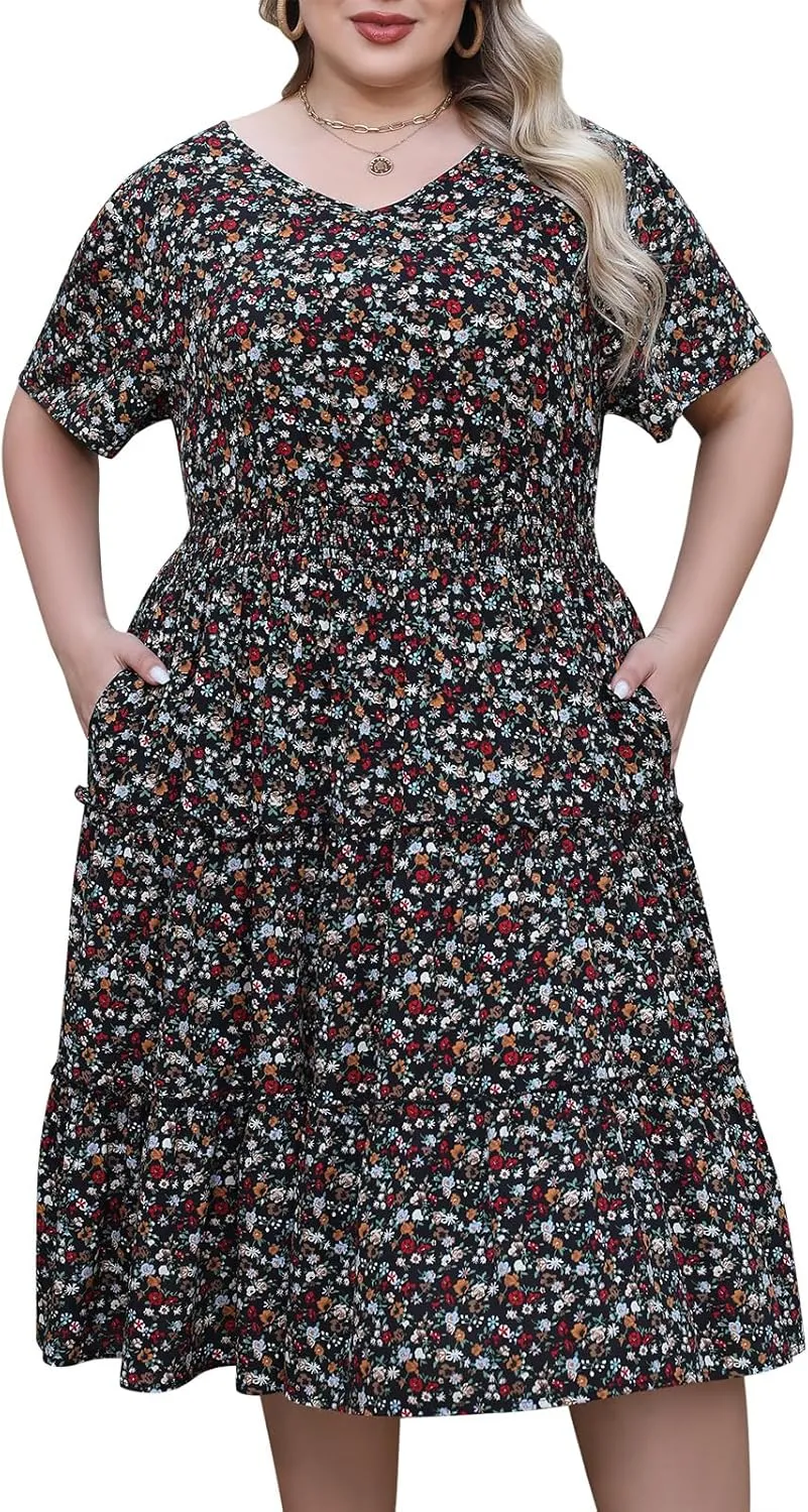 Nemidor Womens Plus Size Summer Midi Dress Casual Tiered Floral Print Beach Swing Boho Dresses with Pocket 16-26