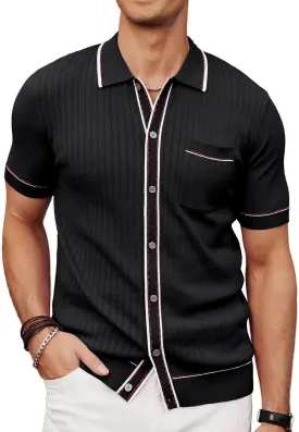 PJ PAUL JONES Mens Knit Shirts Vintage Retro Short Sleeve Button Down Vacation Polo Shirts