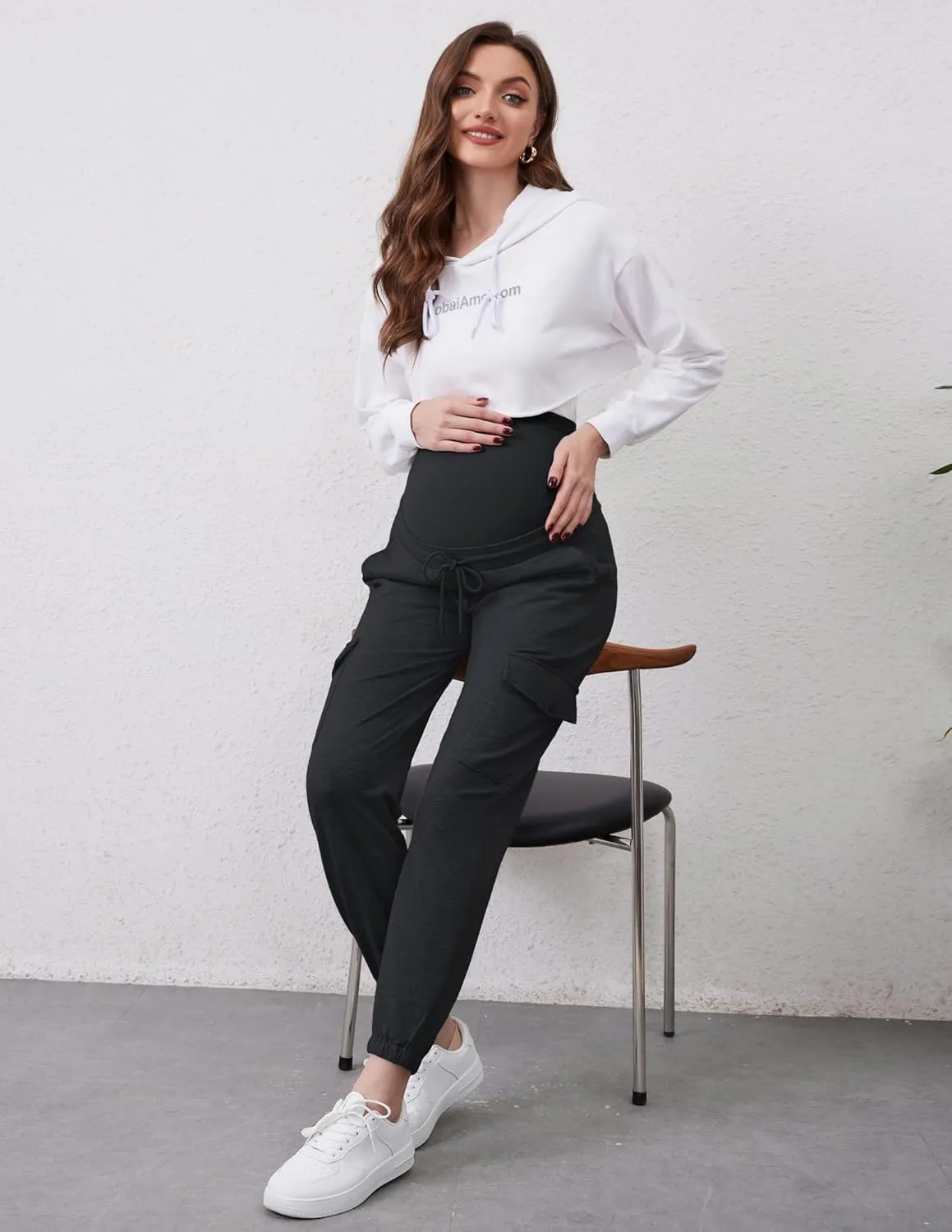 POSHGLAM Women's Maternity Pants Over Belly Cargo Joggers Casual Comfy Stretchy Sweatpants