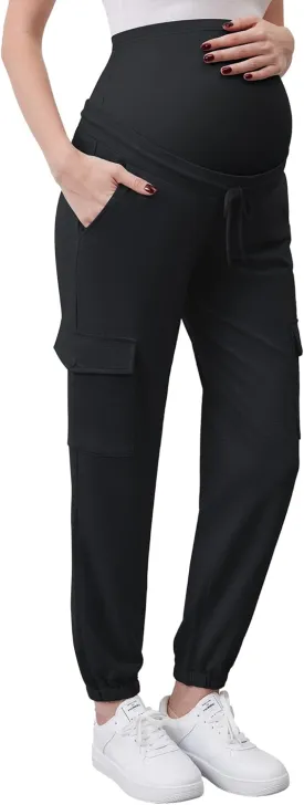 POSHGLAM Women's Maternity Pants Over Belly Cargo Joggers Casual Comfy Stretchy Sweatpants