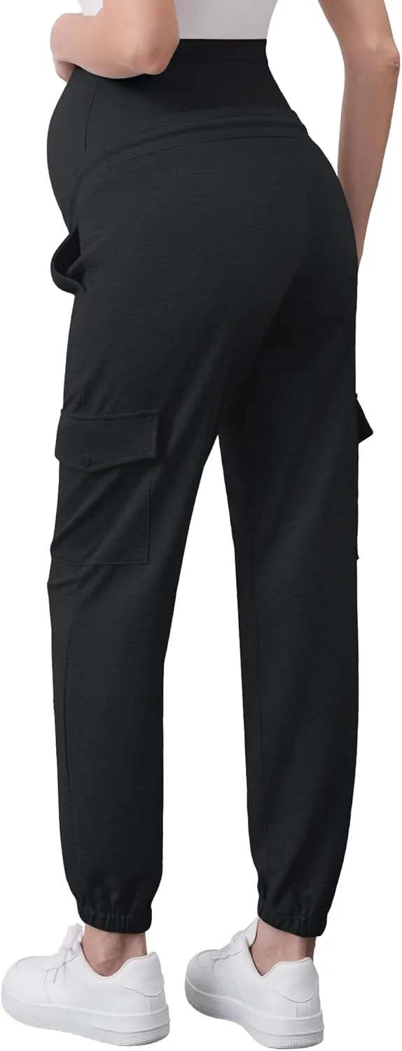 POSHGLAM Women's Maternity Pants Over Belly Cargo Joggers Casual Comfy Stretchy Sweatpants