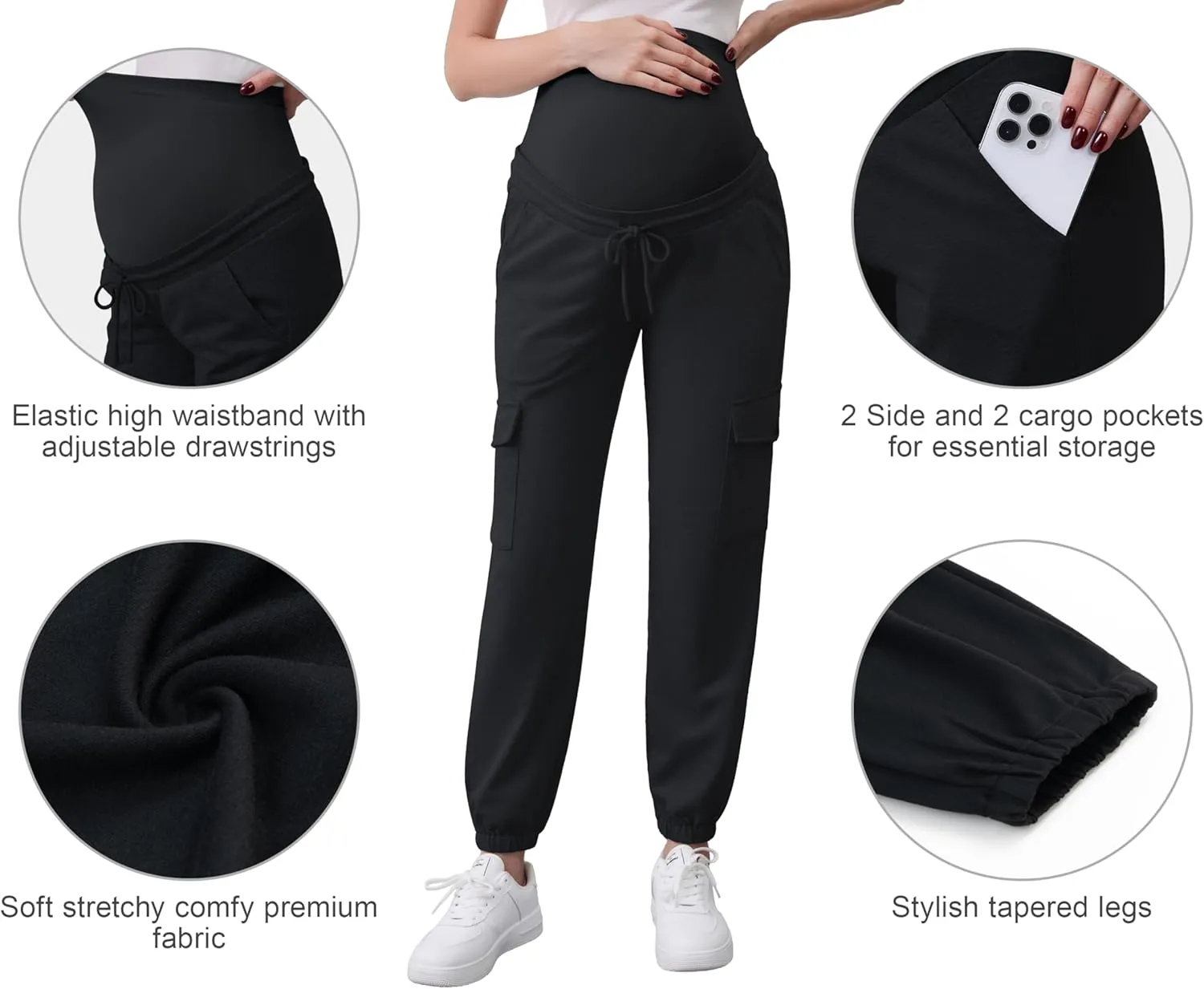 POSHGLAM Women's Maternity Pants Over Belly Cargo Joggers Casual Comfy Stretchy Sweatpants
