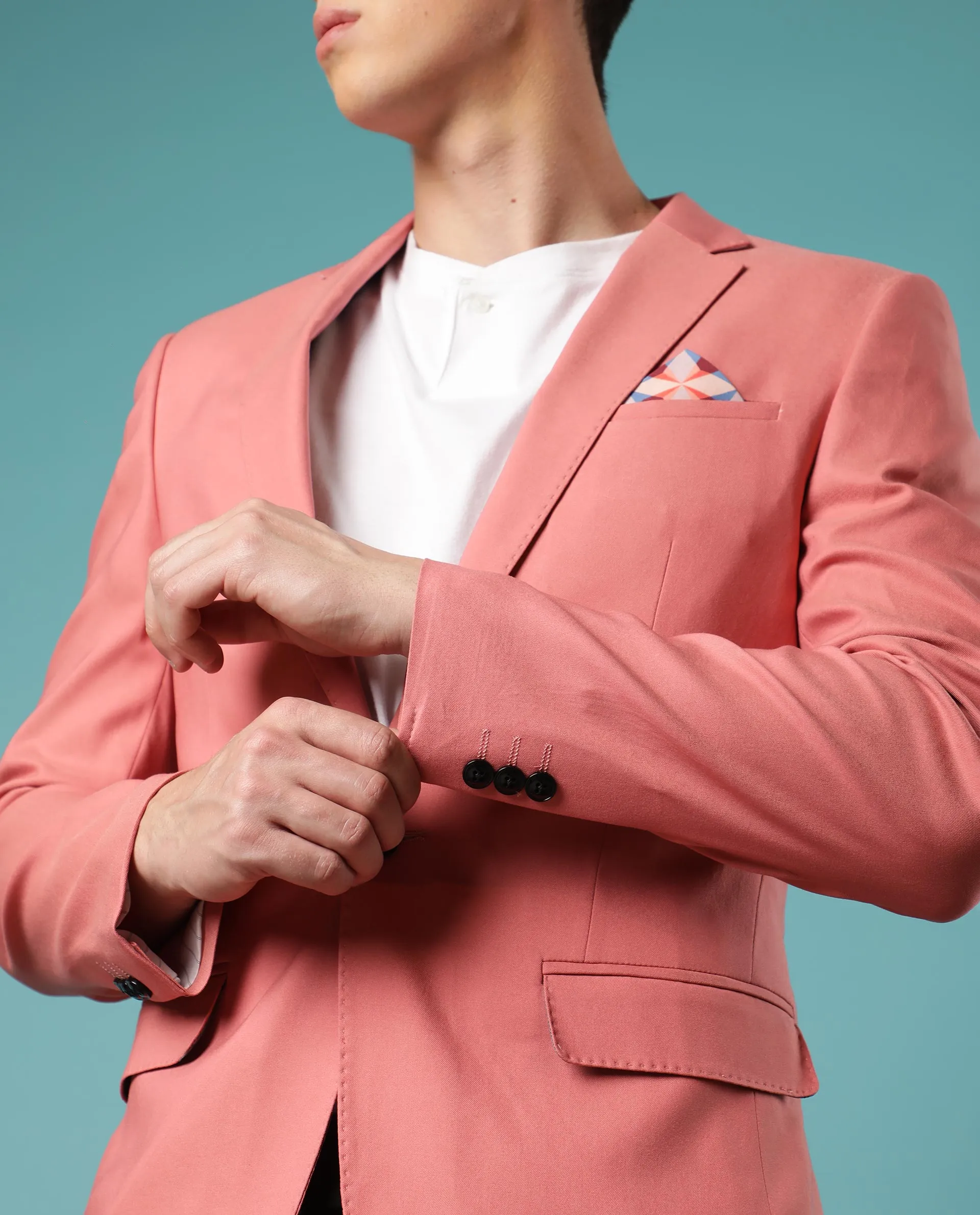 Rare Rabbit Men's Bart Pink Polyester Viscose Fabric Notch Lapel Single Breasted Tailored Fit Solid Blazer