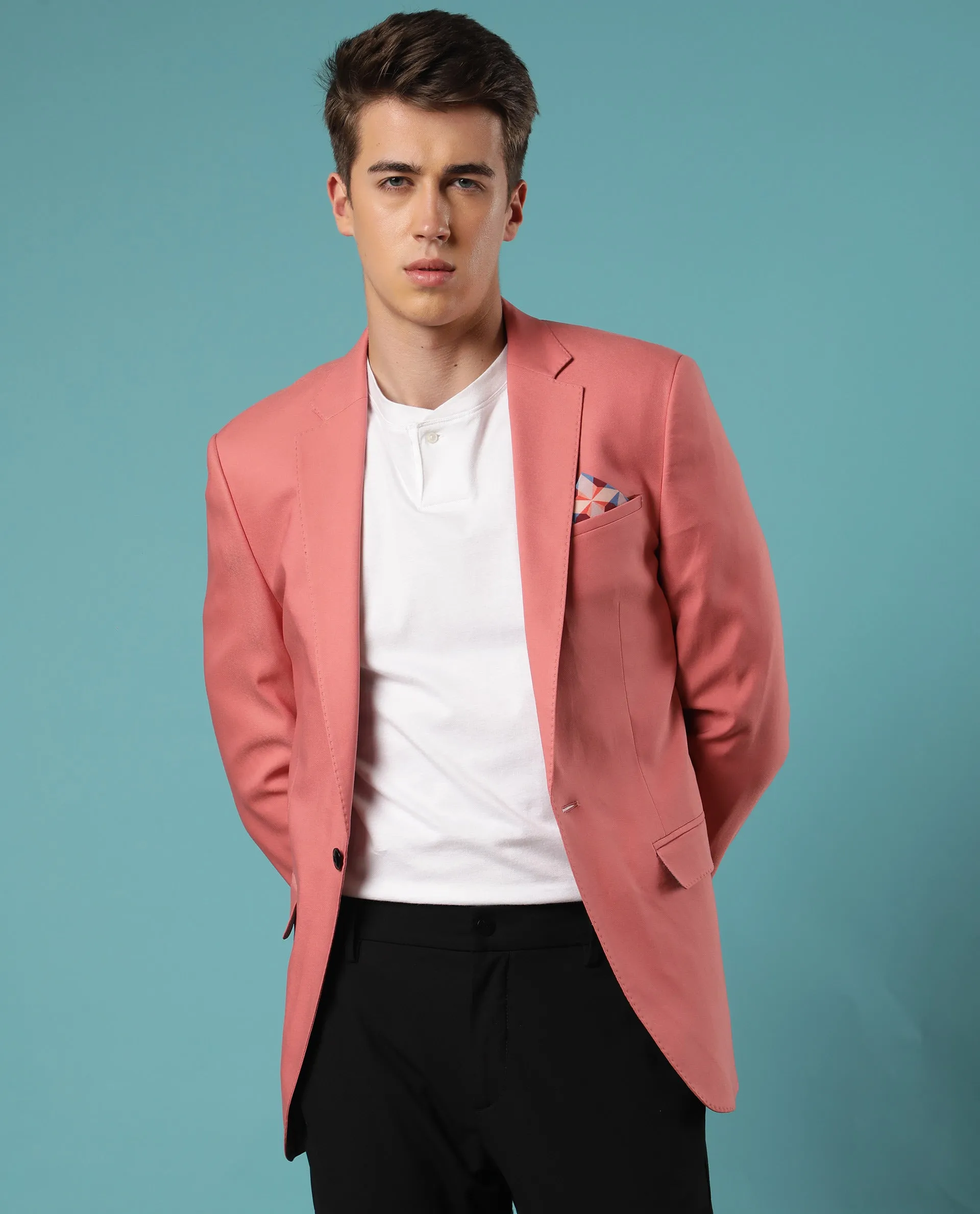 Rare Rabbit Men's Bart Pink Polyester Viscose Fabric Notch Lapel Single Breasted Tailored Fit Solid Blazer
