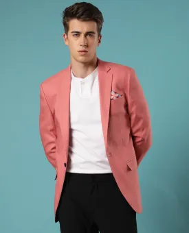 Rare Rabbit Men's Bart Pink Polyester Viscose Fabric Notch Lapel Single Breasted Tailored Fit Solid Blazer