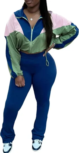 SHINFY Womens Sweatsuits 2 Piece Set Long Sleeve Color Block Cropped Jacket Leggings Pants Jogger Tracksuits Sets