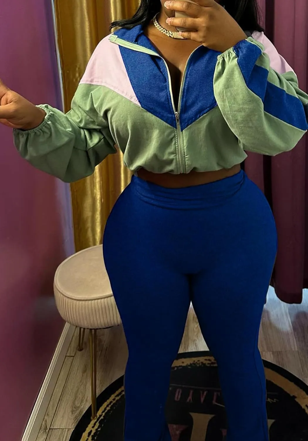 SHINFY Womens Sweatsuits 2 Piece Set Long Sleeve Color Block Cropped Jacket Leggings Pants Jogger Tracksuits Sets