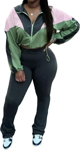 SHINFY Womens Sweatsuits 2 Piece Set Long Sleeve Color Block Cropped Jacket Leggings Pants Jogger Tracksuits Sets