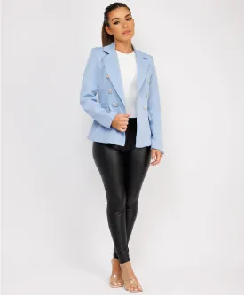 Sky Blue Double Breast Gold Buttons Elegant Blazer Jacket