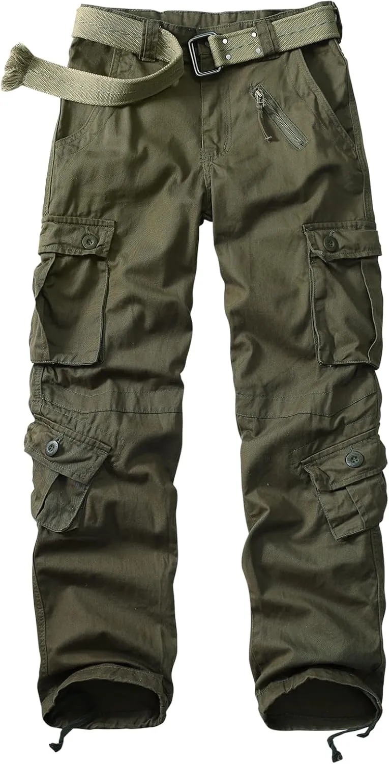 Sobrisah Mid Low Rise Cargo Pants for Men Youth Comfy Cotton Casual Streetwear Military Combat Work TrousersNo Belt