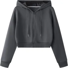 SweatyRocks Women's Long Sleeve Drawstring Full Zip Hooded Jacket Crop Sweatshirt